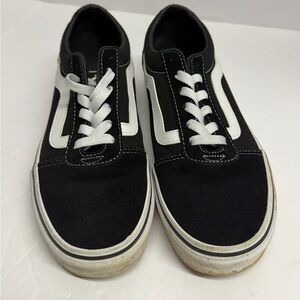 Woman’s 7 Black Suede Old School Vans With White Stripe
